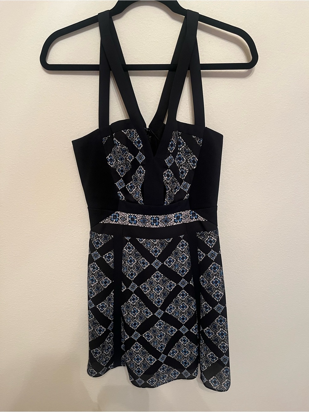 BCBGMaxAzria Black Mini Dress with Blue Mosaic Print NWT